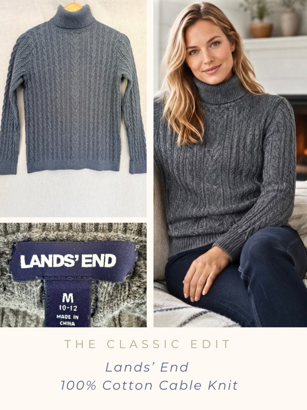 Lands’ End Gray Cable Knit Turtleneck Sweater | 100% Cotton | Cozy Classic